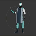 Blue White Green Armored Character and Alien Creature Holding Digital Tablet