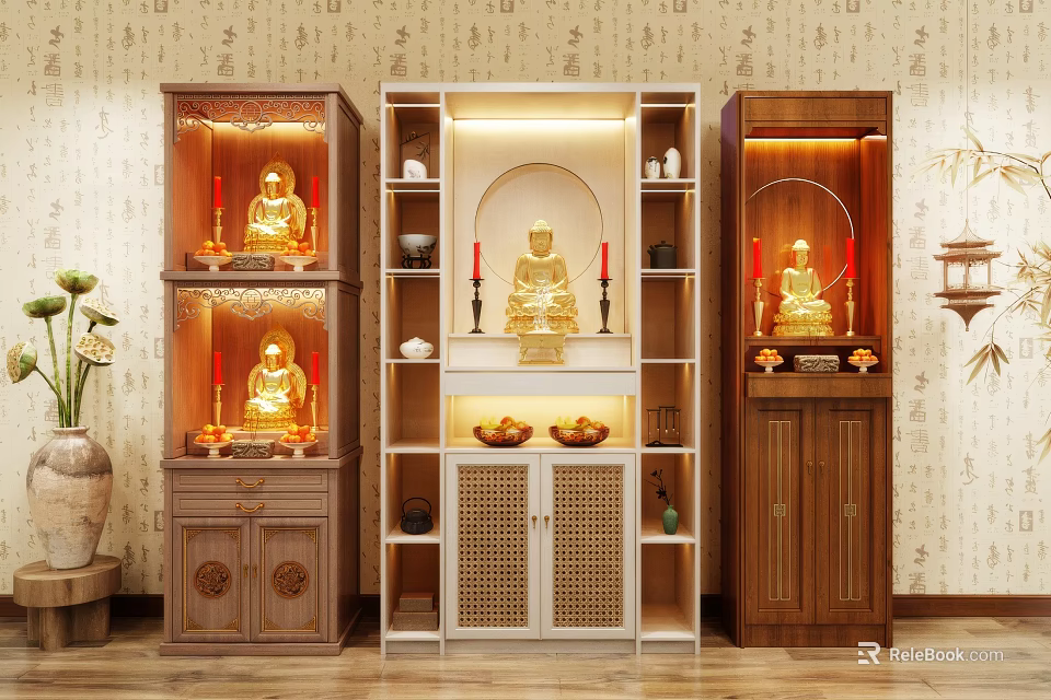 Traditional Buddhist Shrine Cabinets With Golden Buddha Statues Red Candles Fruit Offerings And Decorative Wall 3d model 
