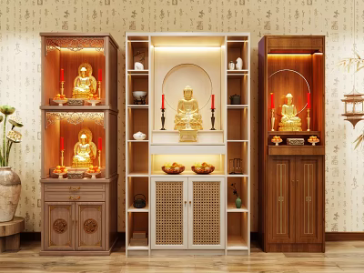 Traditional Buddhist Shrine Cabinets With Golden Buddha Statues Red Candles Fruit Offerings And Decorative Wall 3d model
