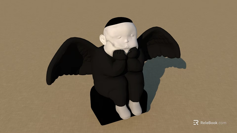 Artistic Sitting Child Sculpture With Black Wings Closed Eyes And Hands Under Chin 3d model 