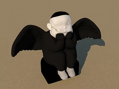 Artistic Sitting Child Sculpture With Black Wings Closed Eyes And Hands Under Chin 3d model