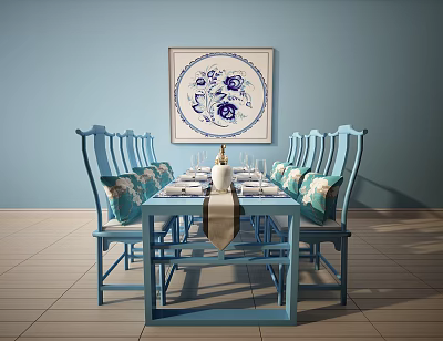 Blue Dining Table Set With Chairs Tableware Decorative Painting On Light Blue Wall And Floor 3d model