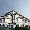 Modern Townhouse Exterior Architecture With White Facade Green Lawn And Large Windows