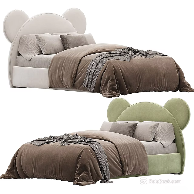 Kids Bed With Mickey Mouse Ear Shaped Headboard White Green Brown Quilt Gray Pillows Blanket 3d model 