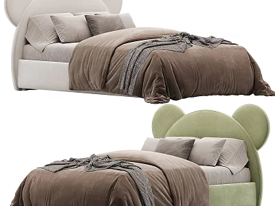 Kids Bed With Mickey Mouse Ear Shaped Headboard White Green Brown Quilt Gray Pillows Blanket 3d model