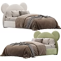 Kids Bed With Mickey Mouse Ear Shaped Headboard White Green Brown Quilt Gray Pillows Blanket