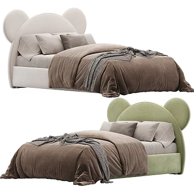 Kids Bed With Mickey Mouse Ear Shaped Headboard White Green Brown Quilt Gray Pillows Blanket 3d model