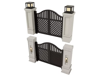 Black Swing Doors With Decorative Lattice Design White Pillars And Lanterns 3d model