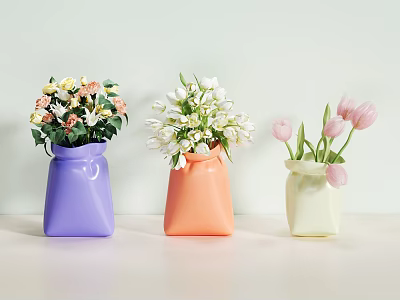 Colorful Decorative Vases Holding Pink Tulips White Flowers And Mixed Blooms On White Table 3d model