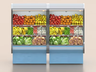 Commercial Upright Refrigerators Filled with Fresh Fruits and Vegetables Featuring Transparent Glass Doors 3d model