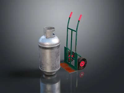 Silver Gas Cylinder And Green Hand Truck With Red Handles And Wheels 3d model