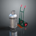 Silver Gas Cylinder And Green Hand Truck With Red Handles And Wheels