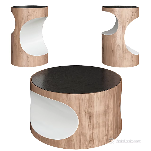 Modern Wooden Coffee Tables With Black Top And White Curved Details 3d model 