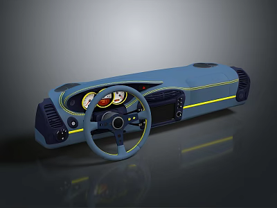 Blue Automotive Dashboard Interior with Steering Wheel Yellow Accents and Air Vents 3d model