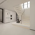 Modern White Kitchen Interior Design With Stairs Cabinets And Open Space 3d model