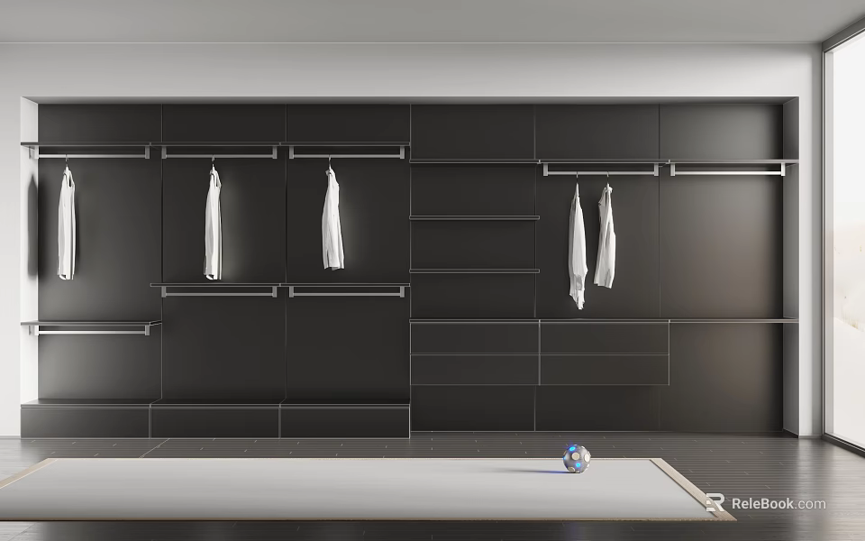 Modern Black Wardrobe Interior With Hanging Rods Shelves And White Clothes Storage 3d model 
