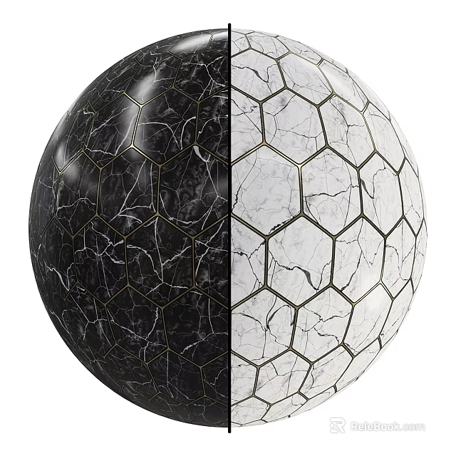 Decorative Sphere With Black And White Marble Texture Hexagonal Pattern And Gold Dividing Lines 3d model 