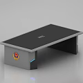 Modern Office Desks With Computers Keyboards And Emblem Logos On Black Gray Surfaces And Blue Chairs