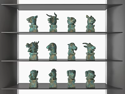Decorative Ornament Set With Twelve Bronze Colored Animal Heads Arranged In Three Layers On Shelves 3d model