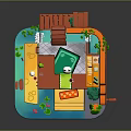 Cartoon Scene With Cute Rabbit Character Colorful Buildings Green Trees And Wooden Platforms