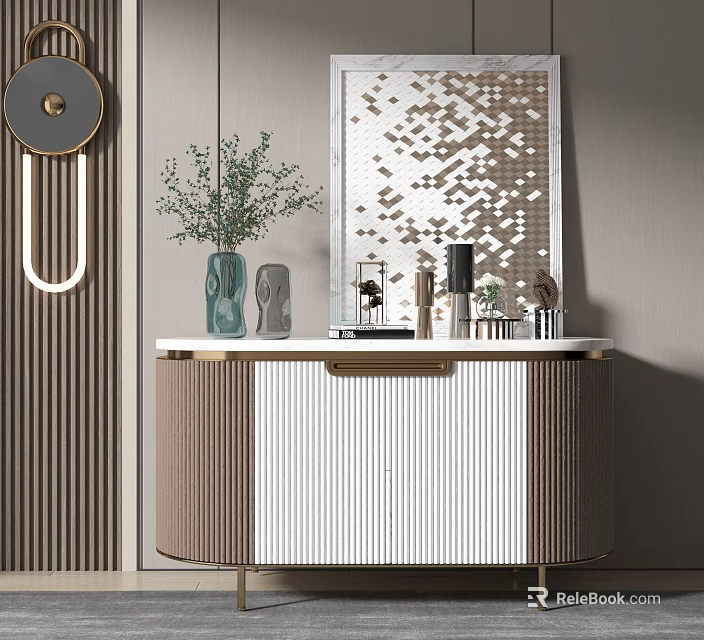 Modern Console Table Side Cabinet With Geometric Mirror Green Plant Vase And Striped Wall Decor 3d model 