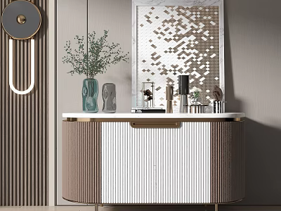 Modern Console Table Side Cabinet With Geometric Mirror Green Plant Vase And Striped Wall Decor 3d model