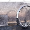 Modern Stainless Steel Curved Wave Sculpture With Water Feature And Stone Wall