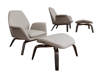 Modern Light Gray Upholstered Leisure Chair with Armrests and Ottoman Dark Wooden Legs 3d model