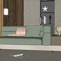 Modern Light Green Sectional Sofa With Pink And Light Green Cushions Wooden Wall And Bookshelf