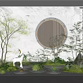 Garden Ornament Design With Lush Green Plants White Deer Statue Circular Wall And Stone Features