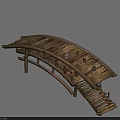 Rustic Wooden Arch Bridge Featuring Weathered Plank Slats and Sturdy Support Legs 3d model