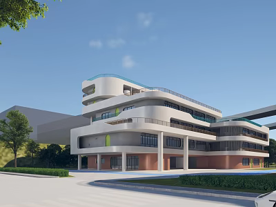Modern Multi Story School Building With Curved Facade And Green Landscaping 3d model