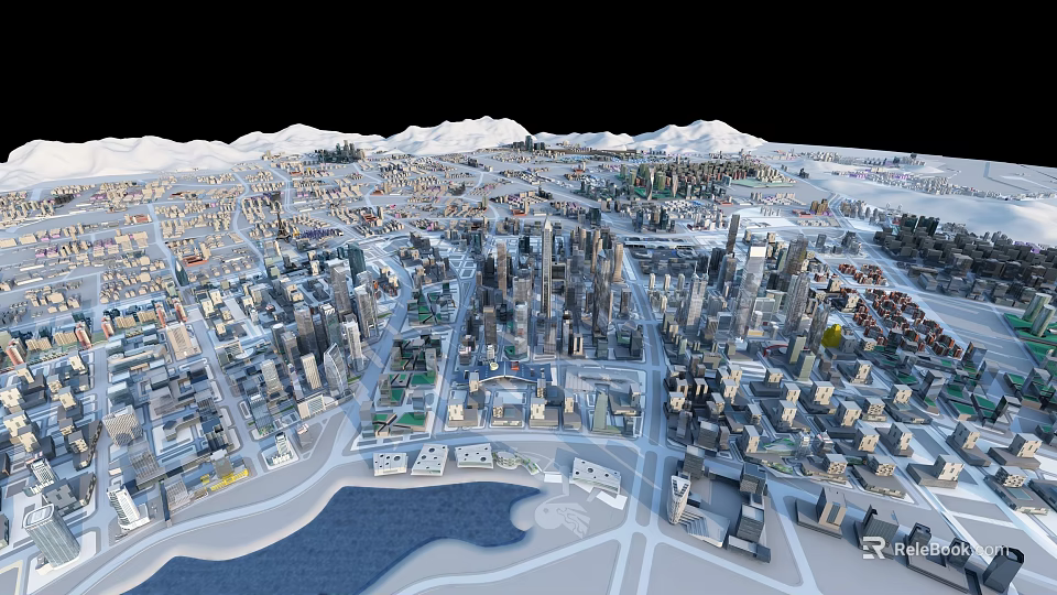 Aerial Planning of Urban City Landscape With Buildings Streets Water Bodies And Mountains 3d model 