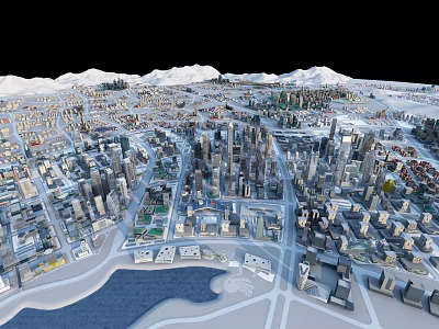 Aerial Planning of Urban City Landscape With Buildings Streets Water Bodies And Mountains 3d model