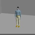 Game Movie Character Male In Blue Shirt Beige Pants Yellow Shoes Standing In Gray Room