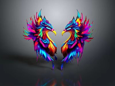 Colorful Flying Animals With Multicolored Feathers And Symmetrical Design On Gray Background 3d model