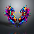 Colorful Flying Animals With Multicolored Feathers And Symmetrical Design On Gray Background