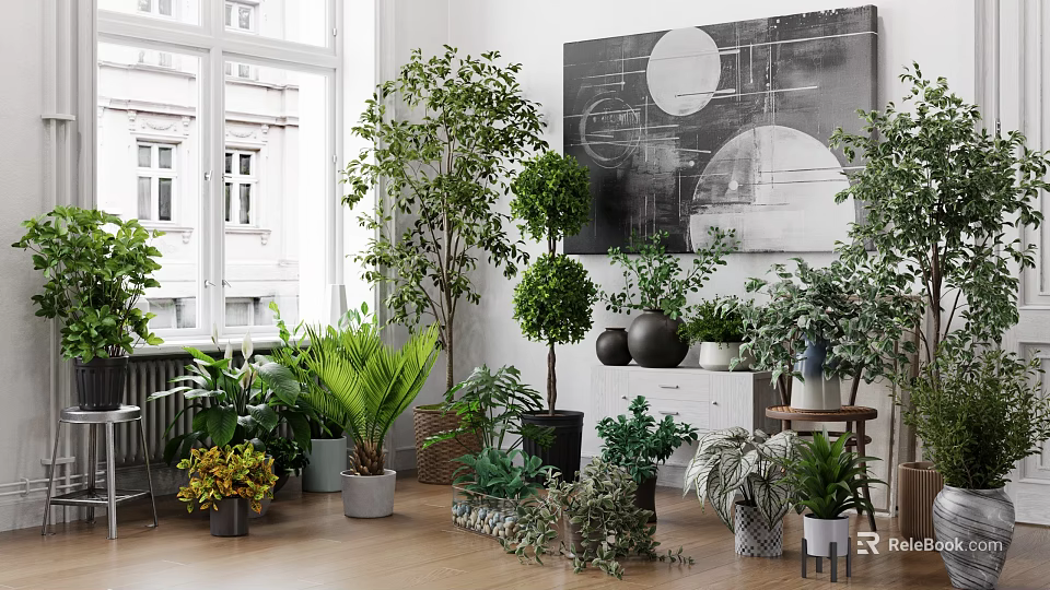 Indoor Interior with Various Potted Plants Bright Windows and Decorative Artwork 3d model 