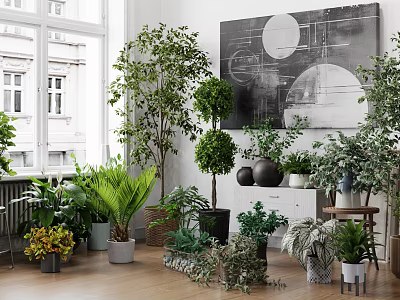 Indoor Interior with Various Potted Plants Bright Windows and Decorative Artwork 3d model