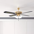 Air Conditioner Fan With Golden Base Black Blades And White Lights On White Ceiling