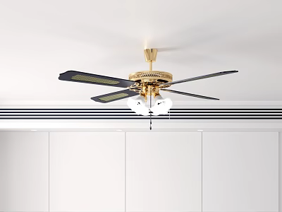 Air Conditioner Fan With Golden Base Black Blades And White Lights On White Ceiling 3d model