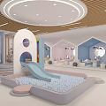 Hotel Lobby Interior With Wooden Ceiling Curved Structure Reception Desk And Colorful Children's Area