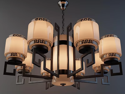 Elegant Traditional Chinese Chandelier With White Shades Black Metal Frame And Geometric Patterns 3d model