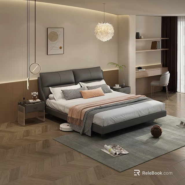Double Bed In Modern Bedroom With Leather Headboard Pillows Blanket Nightstand Lamp And Rug 3d model 