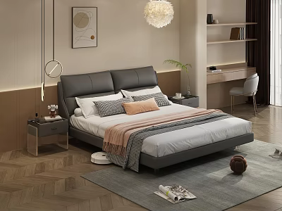 Double Bed In Modern Bedroom With Leather Headboard Pillows Blanket Nightstand Lamp And Rug 3d model