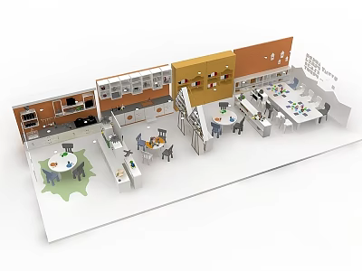 Modern Kitchen And Dining Area Layout With Cabinets Tables Chairs And Appliances 3d model