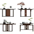 Traditional Chinese Console Table With Wooden Frame And Decorative Plants Ornaments