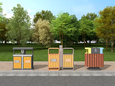 Public Park Waste Bins With Different Colors For Recycling And Classification 3d model