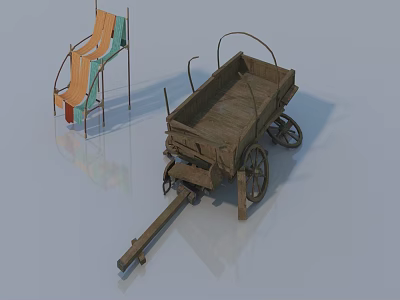 Colorful Playground Slide And Rustic Wooden Wagon With Wheels Design 3d model