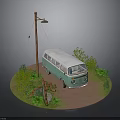 Miniature Scene Featuring Blue White Van Lamp Post Green Plants Stone Path Red Brick Ground